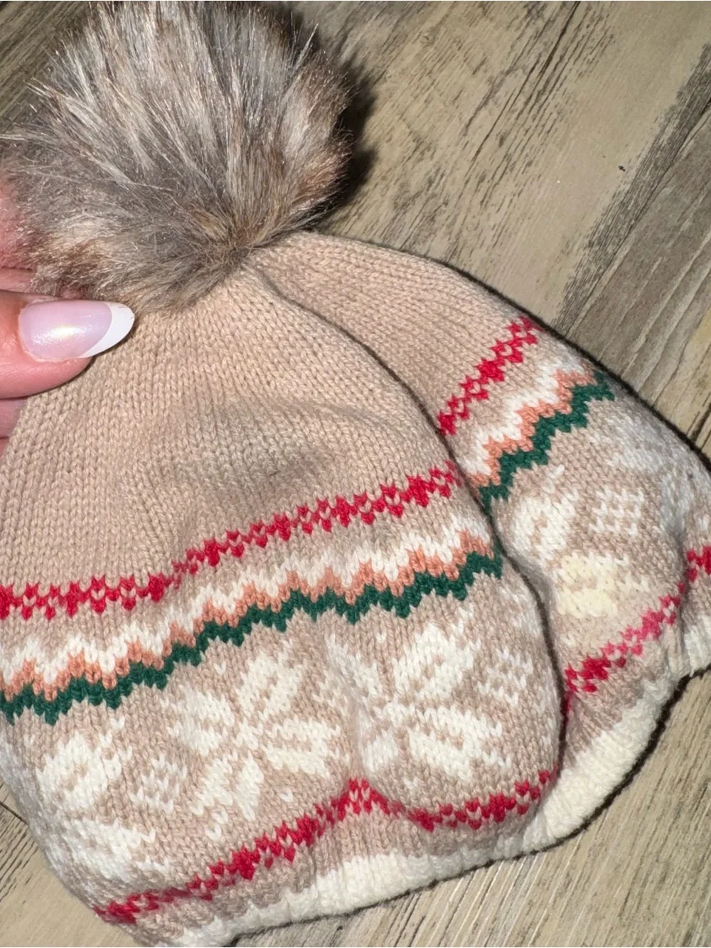 Kids Beige Pom Pom Knit Hat with Fair Isle Pattern